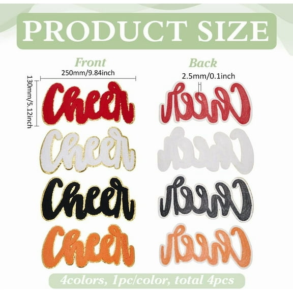 4 Pcs 4 Color Cheer Chenille Letter Patch 5.1x9.8inch Letters Iron on Patch Glitter Gold Edge Embroidered Patch Chenille Embroidered Patch Alphabet Sewing Applique for Clothes Jeans Hat