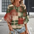 thumbnail image 3 of Grunge Distressed Christmas Plaid Women's V-Neck Blouse With 3/4 Ruffled Bell Sleeves Casual Top Ladies Blouses, 3 of 7