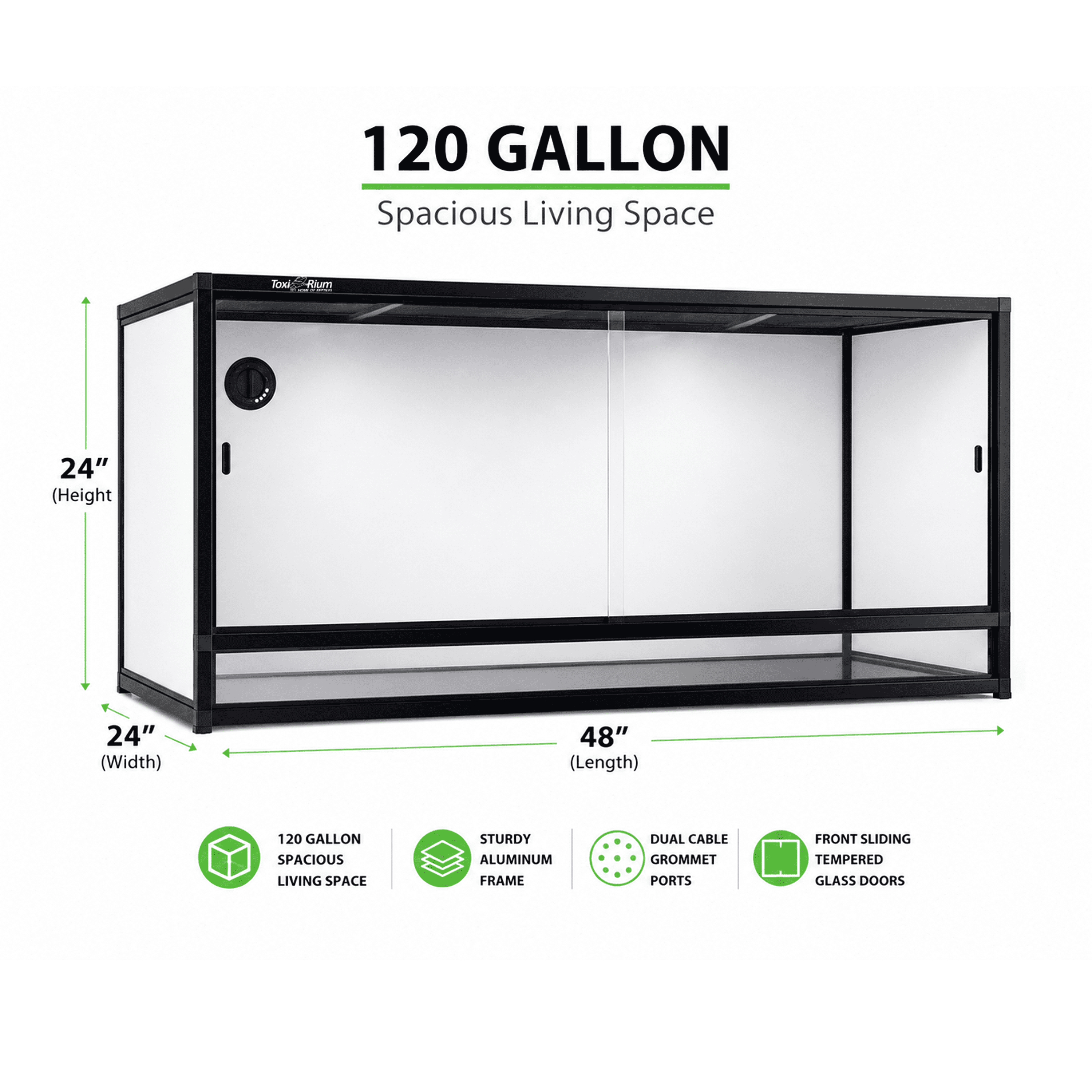 Toxirium 48x24x24 inch PVC Reptile Enclosure, 120 Gallon Habitat with Sliding Glass Doors for Bearded Dragons, Lizards and Snakes