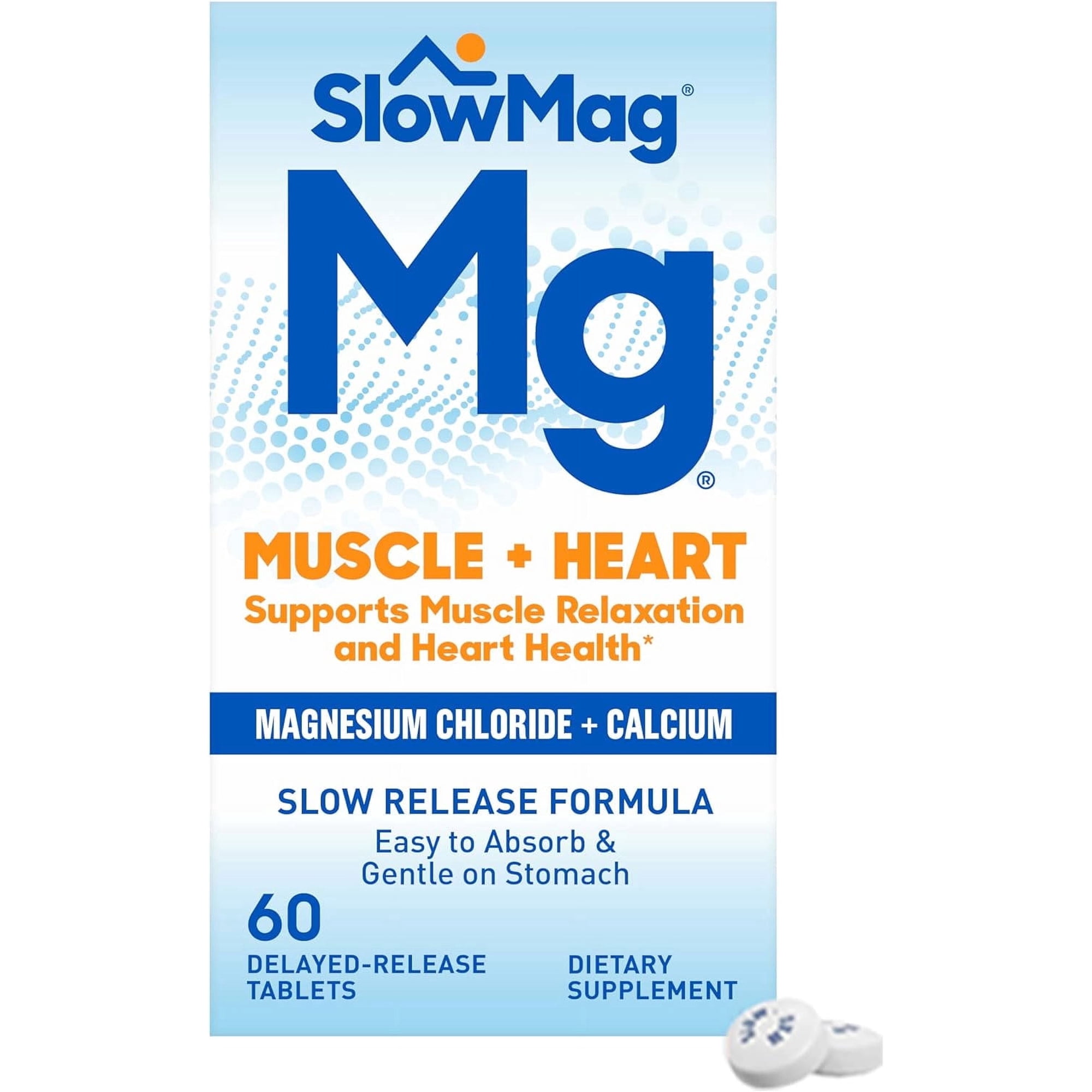 SlowMag Muscle + Heart Magnesium Chloride with Calcium Supplement to Support Muscle Relaxation, Occasional Muscle Cramping & Heart Health, High Absorption, 60 Count