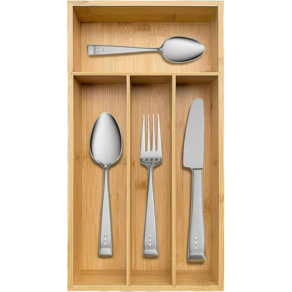 AllWays Plaza Bamboo Silverware Organizer, Kitchen Drawer Organizer, Silverware Utensil Tray Holder for Flatware Cutlery Knives, Forks, Spoons (4-Slots) (Natural)