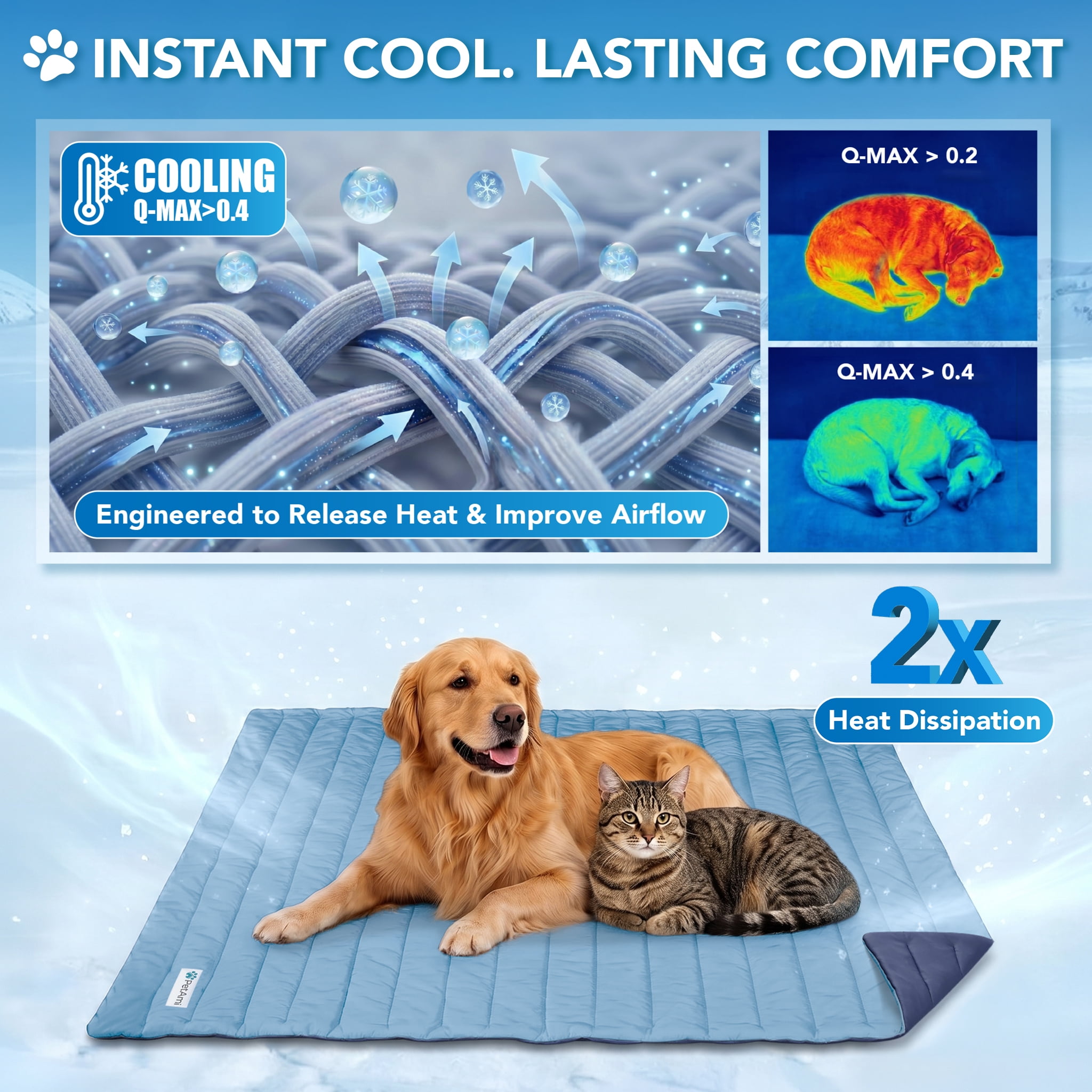 PetAmi Dog Cooling Mat, Q-Max Pet Cooling Blanket with Thick Cushioning, Self Cooling Pad for Dogs & Cats,  Reversible Summer Mat for Crate, Couch, Kennel, Gray/Light Grey, Medium (29x40)