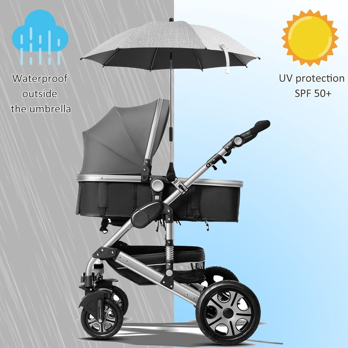 Sugagale Adjustable Sun Shade Umbrella with Clamp for Strollers, Beach Chairs, and Wheelchairs - Foldable Travel Umbrella for Toddlers