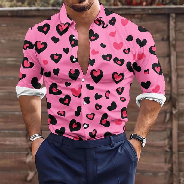 Blusa y camisa de manga larga con cuello vuelto para hombre, estilo casual, con estampado de corazón, botones y solapa, de poliéster, para San Valentín