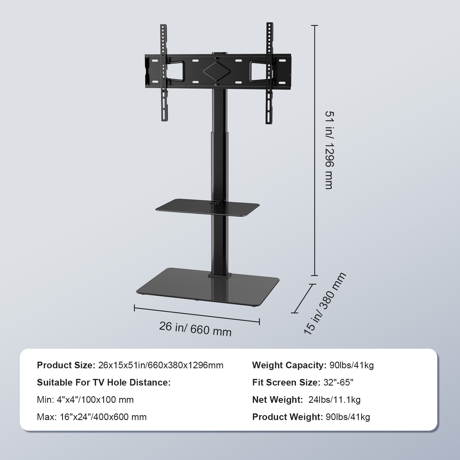KFFKFF Television Stand Mount, Rotating Elevated TV Stand suitable for 32 to 65 inch Televisions, Alterable Height Mobile TV Stand with Hardened Glass Foundation for Bedroom, Living Area