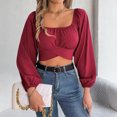 thumbnail image 5 of adaychics Ruched Long Sleeve Crop Top Square Neck Ruched Lantern Long Sleeve Tie Back Crop Top Blouse for Vacation, 5 of 7