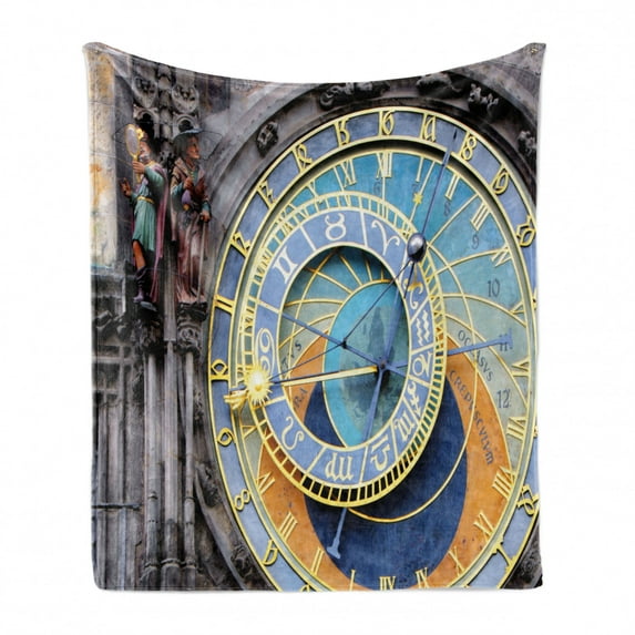 Clock Soft Flannel Fleece Blanket, Prague Astronomical Clock in the Old Town an European Medieval Landmark of City, Cozy Plush for Indoor and Outdoor Use, 50" x 70", Blue and Yellow, by Ambesonne