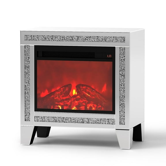 Mirrored Side End Table Nightstand Crushed Diamond with Adjustable Heat Electric Fireplace Heater,Firebox with 7 Colors 3D Realistic Flame(Silver)