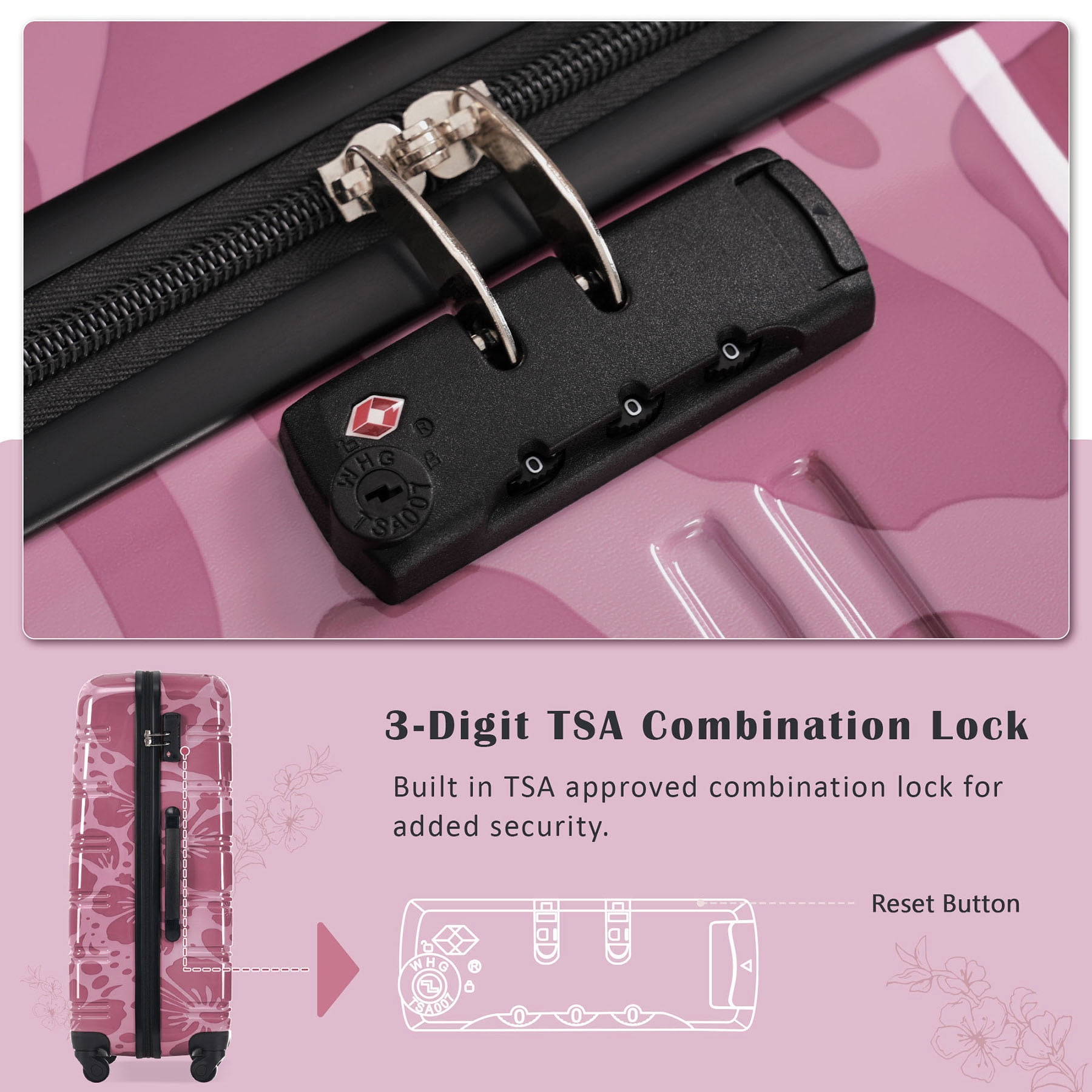 S-HOME Three Piece Lightweight Hardshell Luggage Set with Side Mounted TSA Lock and Rolling Wheels 20" 24" 28", Pink Purple