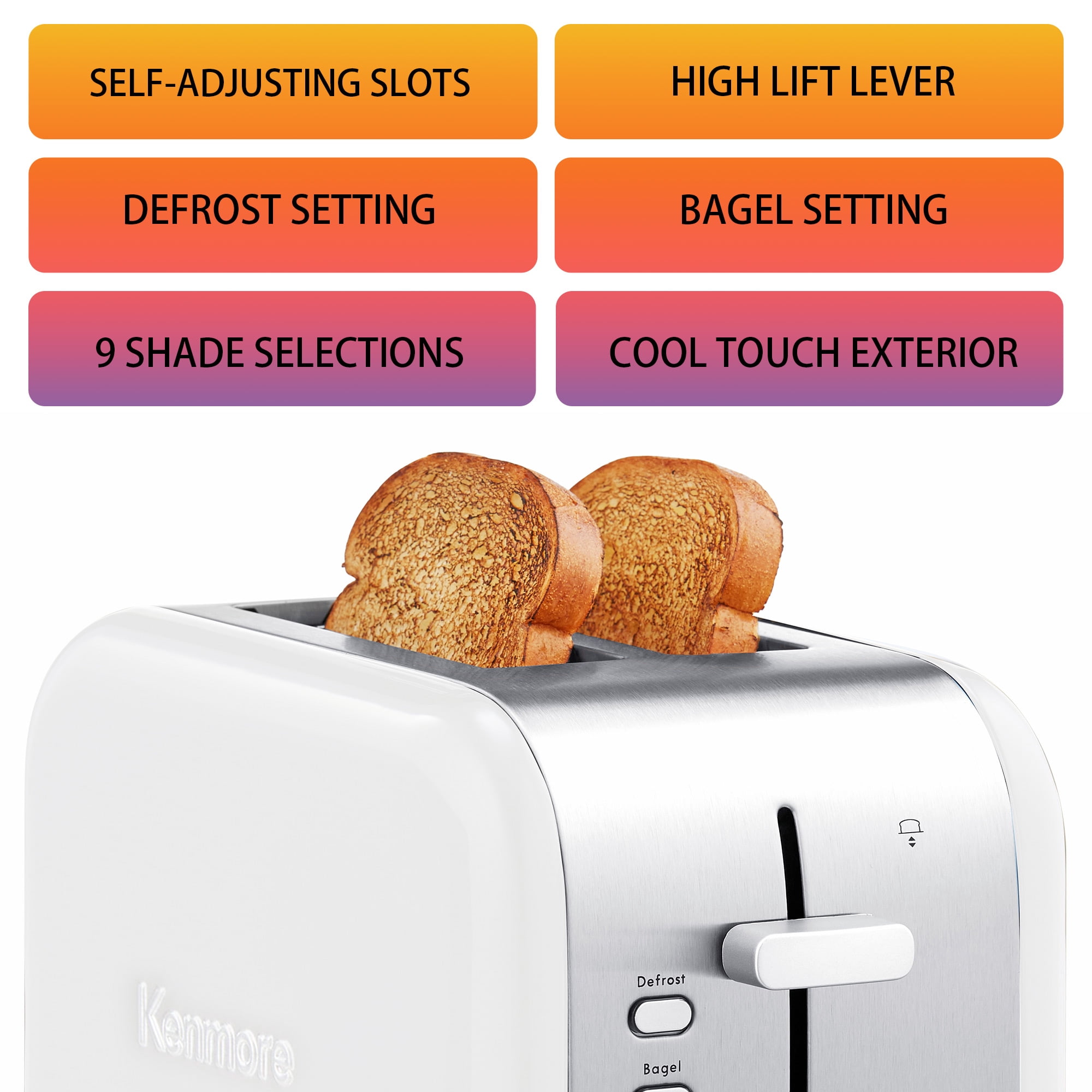 Kenmore 2-Slice White Stainless Steel Toaster, Wide Slot, Bagel/Defrost