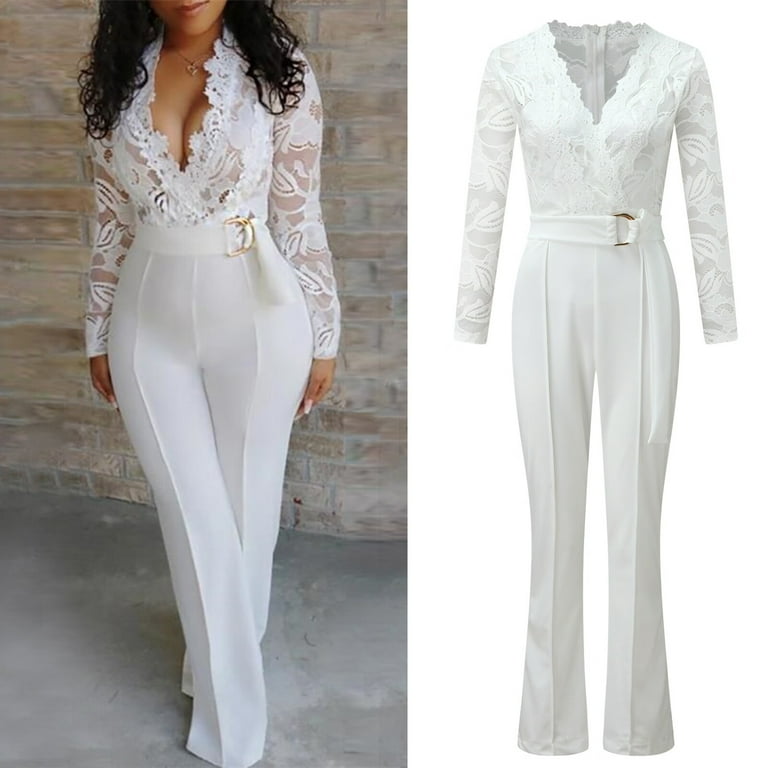 Women Sexy V-neck Lace Stitching Jumpsuits Women Sexy V-neck Lace Stitching Jumpsuits