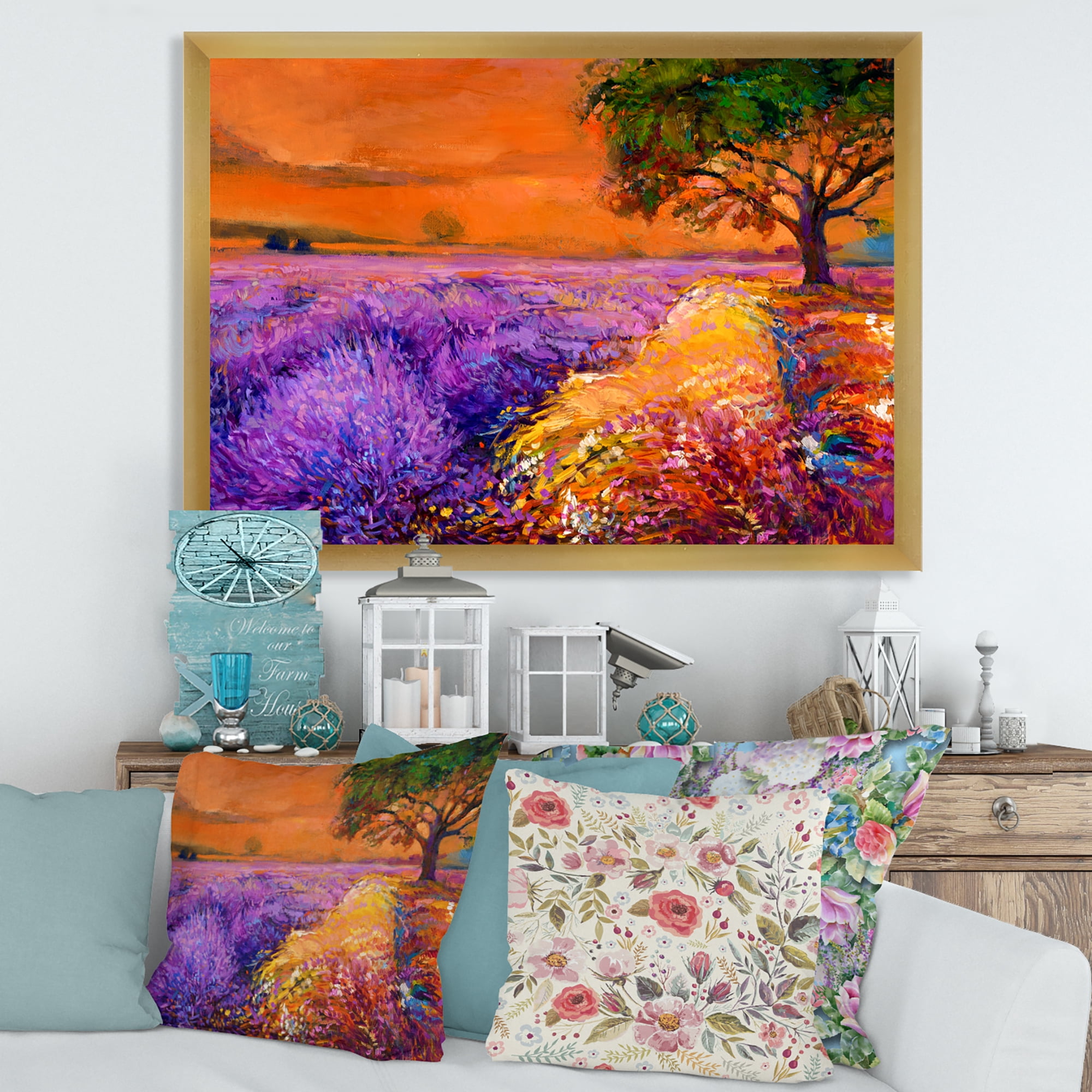 Designart 'An Orange Sunset Over Purple Lavender Fields II' Farmhouse Framed Art Print