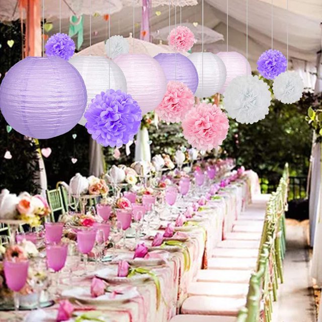 YAOMOBB Hanging Decorations Simple Installation Party Decorations Set Lanterns and Tissue Pom Poms Flower Balls for Boho Wedding