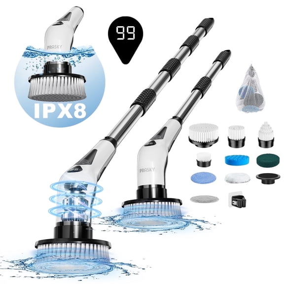 PRASKY Electric Spin Scrubber, IPX8 Extra Length Bathroom Scrubber with 9 Replaceable Brush Heads & Retractable Handle, 2-Speed Adjustable Shower Cleaner Brush for Bathroom, Bathtub, Kitchen