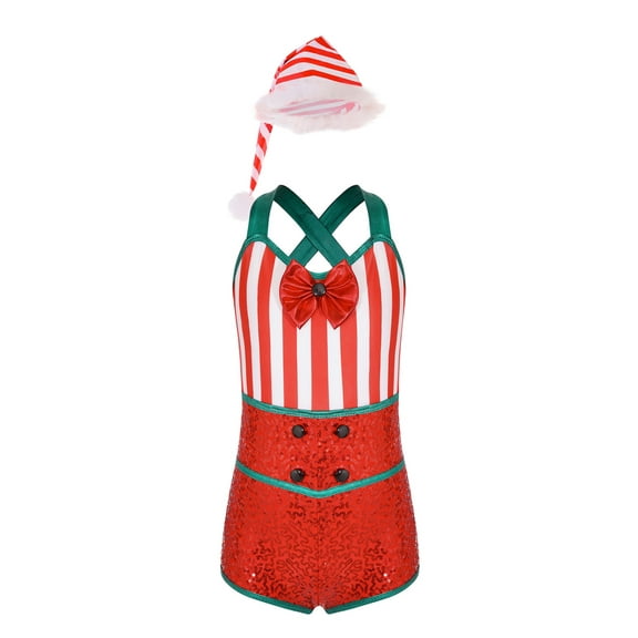 TiaoBug Kids Girls Christmas Sequins Dance Leotard Sleeveless Gymnastics Jumpsuit Unitard with Hat Red 16
