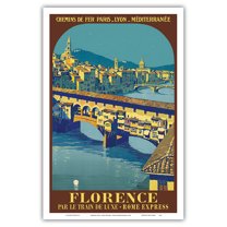 Florence Italy - FIRENZE Ponte Vecchio - Paris-Lyon-Méditerranée (PLM) River Arno - Vintage Travel Poster by Roger Broders c.1921 - Master Art Print (Unframed) 12in x 18in