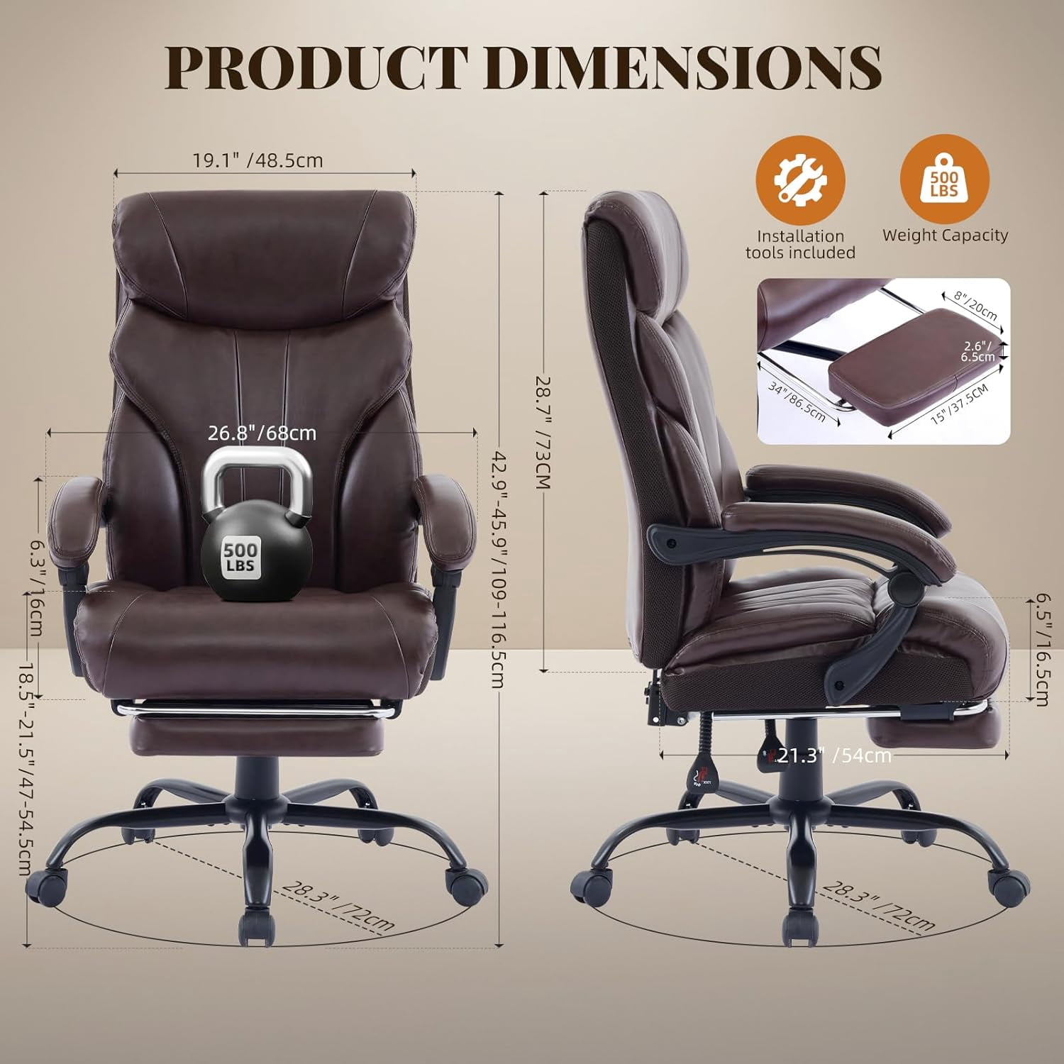 Ergonomic Executive Office Chair with High Back Support, Padded Armrests, Retractable Footrest, Wide Seat, and Heavy-Duty Swivel Base – Comfortable Computer Desk Chair for Home Office