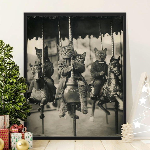 Vintage Cats on Carousel Poster, Retro Animal Photography Print, Humorous Cat Wall Art, Unique Cat Decor, Antique Style Home Decor, 8x12