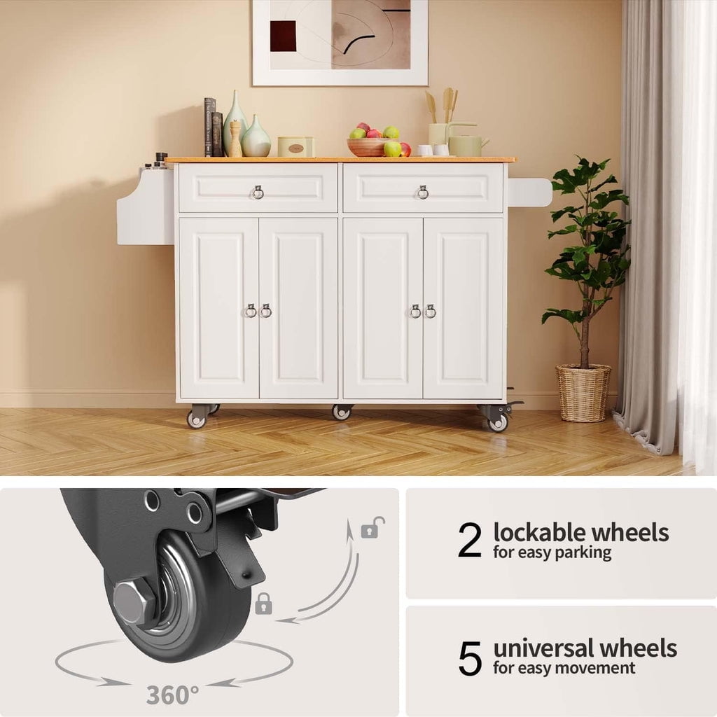 Aiho Kitchen Island with Storage, Mobile Kitchen Island Side Table on Wheels with Rubber Wood Drop-leaf Countertop , Side Rack and Drawer and for Kitchen,Dining Room - White