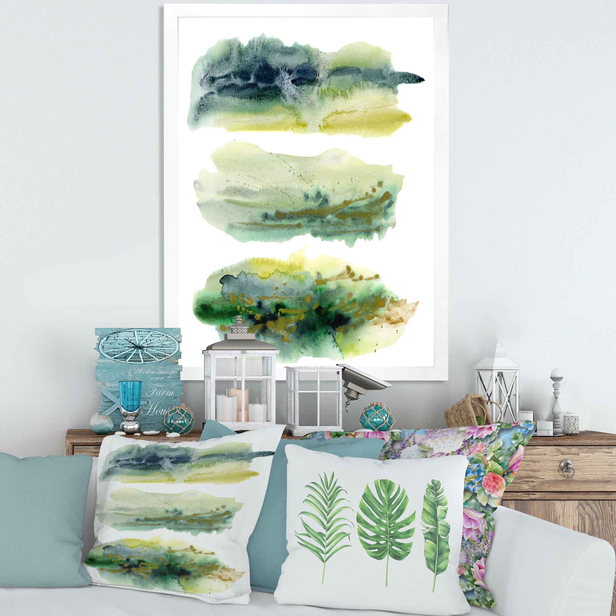 Designart 'Golden Green Abstract Clouds I' Modern Framed Art Print