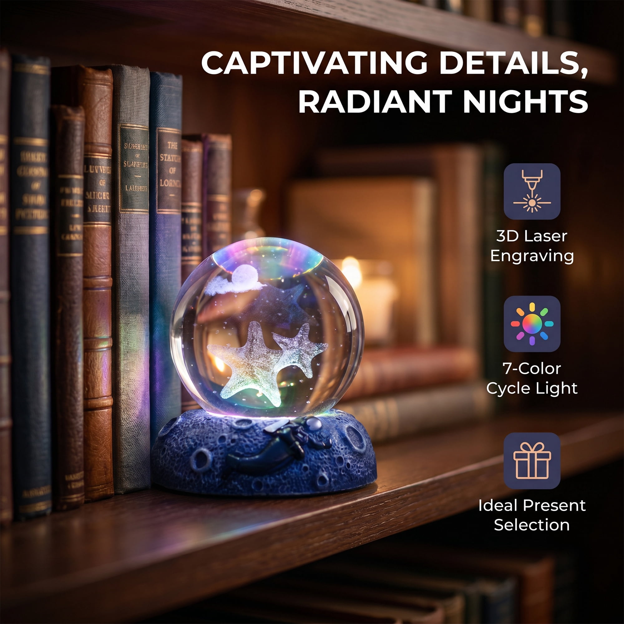 Unique Bargains Glowing Crystal Ball Figurine 3D Glass Ornament with LED Light Base Beige Style D 2.4"x2.4"x3.1"