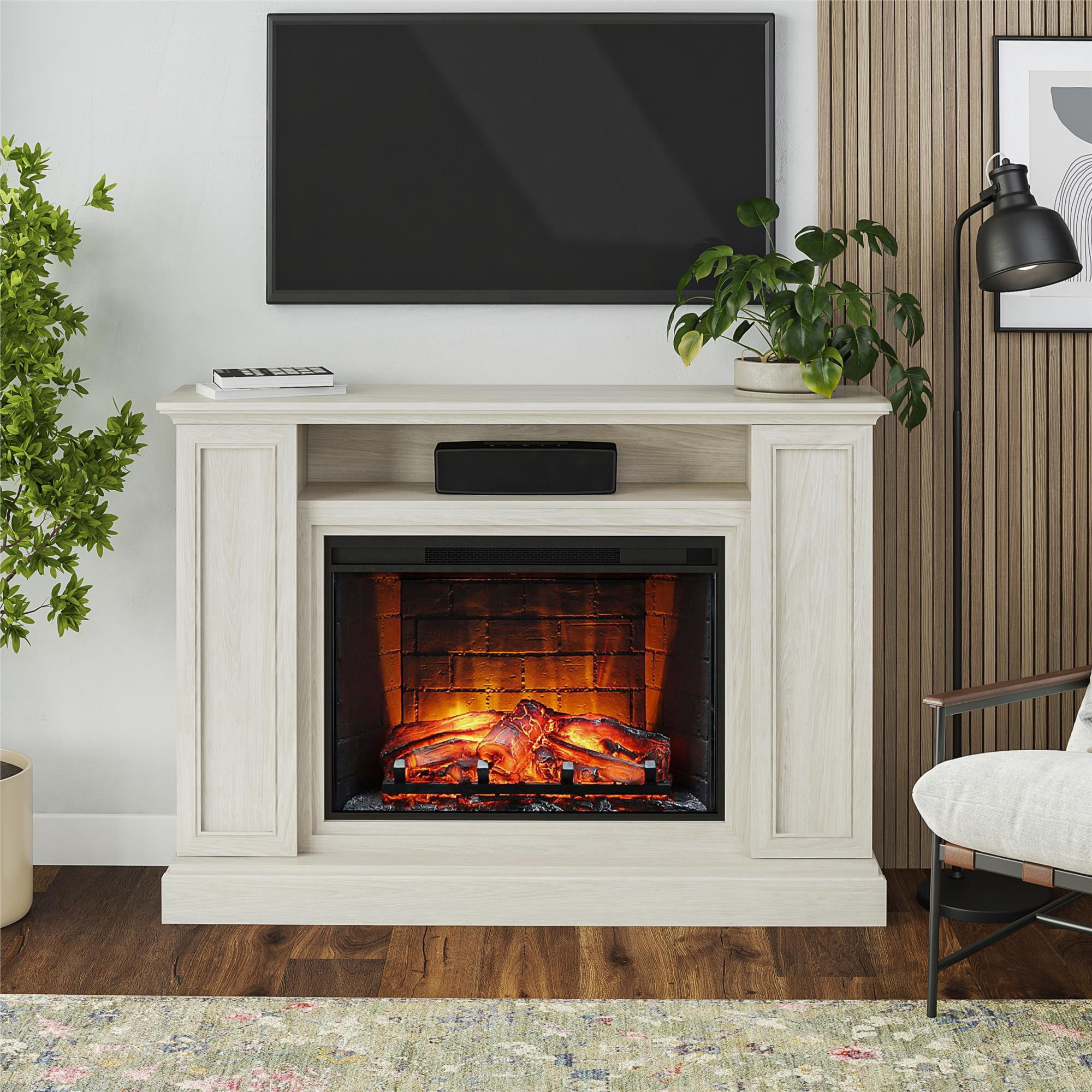 Ameriwood Home Palazzo Multi-Colored Electric Fireplace Mantel TV Stand with Storage for TVs up to 65", White Oak