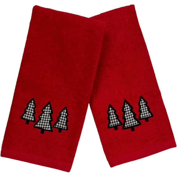 Serafina Home Holiday Christmas Guest Hand Towels: Country Farmhouse Red Terrycloth Towels with Check Tree Applique