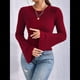 thumbnail image 4 of Camiseta de Larga Acampanada de Punto Acanalado para Mujer, Cuello Redondo, Corte Entallado, Ribete en Forma de Lechuga. Rojo Vino M, 4 of 9