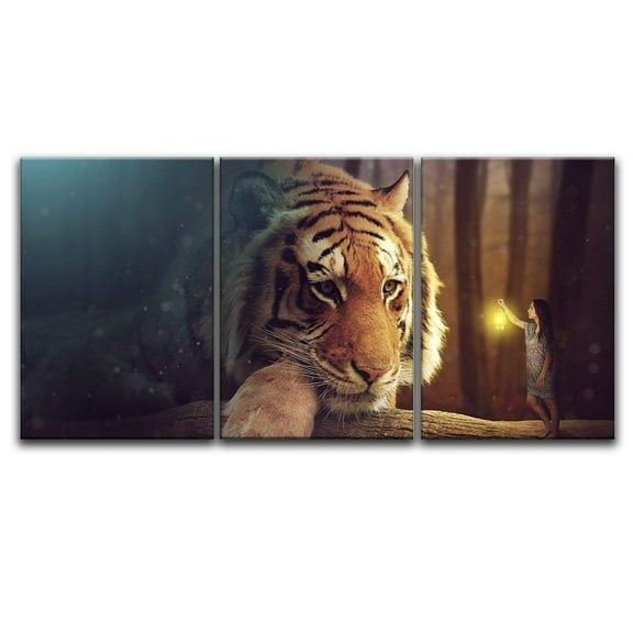 wall26 - 3 Panel Canvas Wall Art - Dreamlike Giant Tiger Head and a Girl Holding a Lamp - Giclee Print Gallery Wrap Modern Home Art Ready to Hang - 24"x36" x 3 Panels