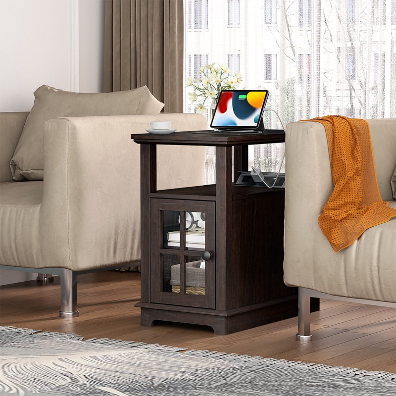 PLAMLE End Tables for Living Room with Storage Shelf,Narrow Sofa Side Table Slim Chair Side Table Adjustable Feet End table for Bedroom