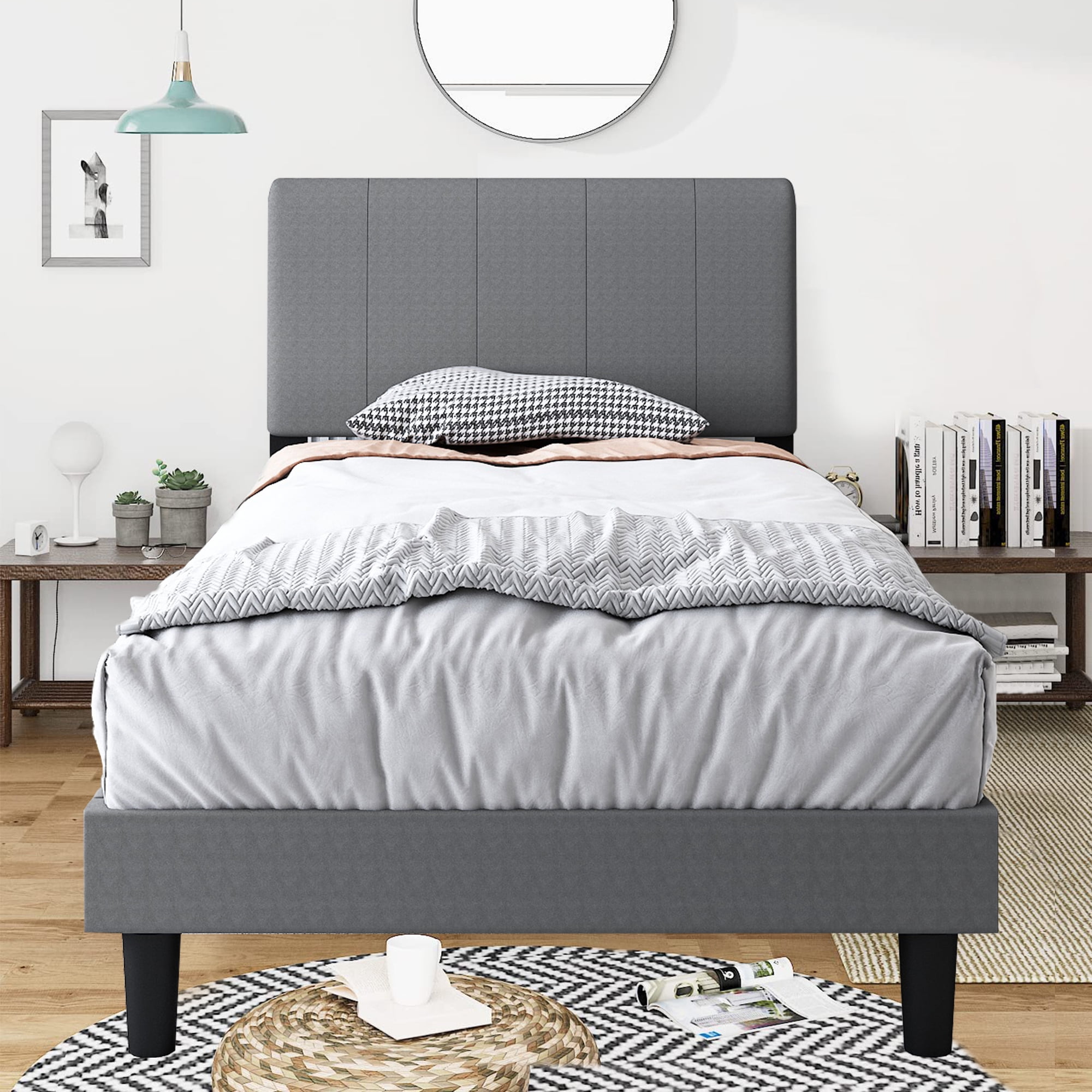 Sesslife Gray Platform Bed Frame, Twin Bed Frame with Upholstered