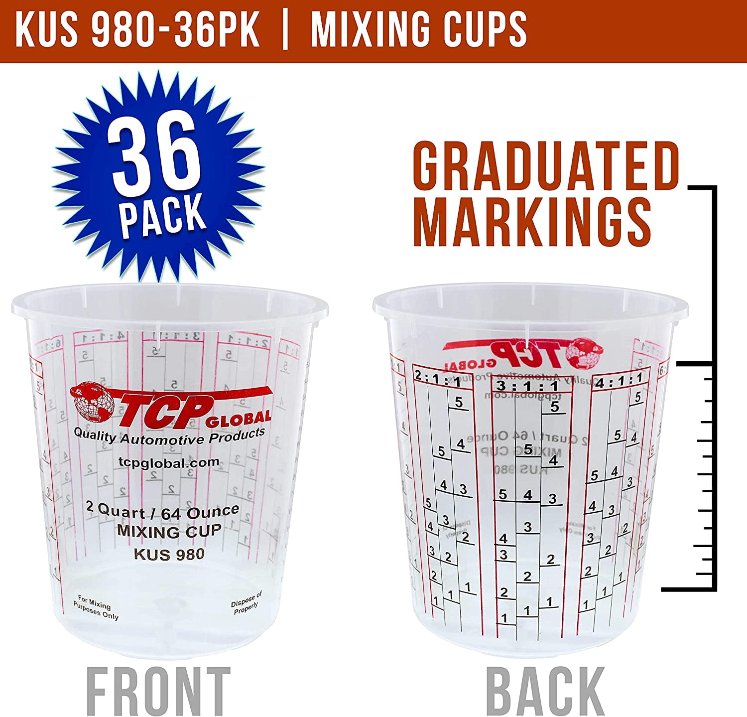 CHRUI - Pack of 36-64 Ounce Graduated Paint Mixing Cups (2 Quarts) - Cups Have Calibrated Mixing Ratios on Side of Cup Epoxy Resin