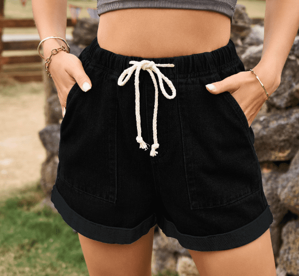 Womens Casual Elastic Waist Rolled Hem Denim Shorts Drawstring Loose