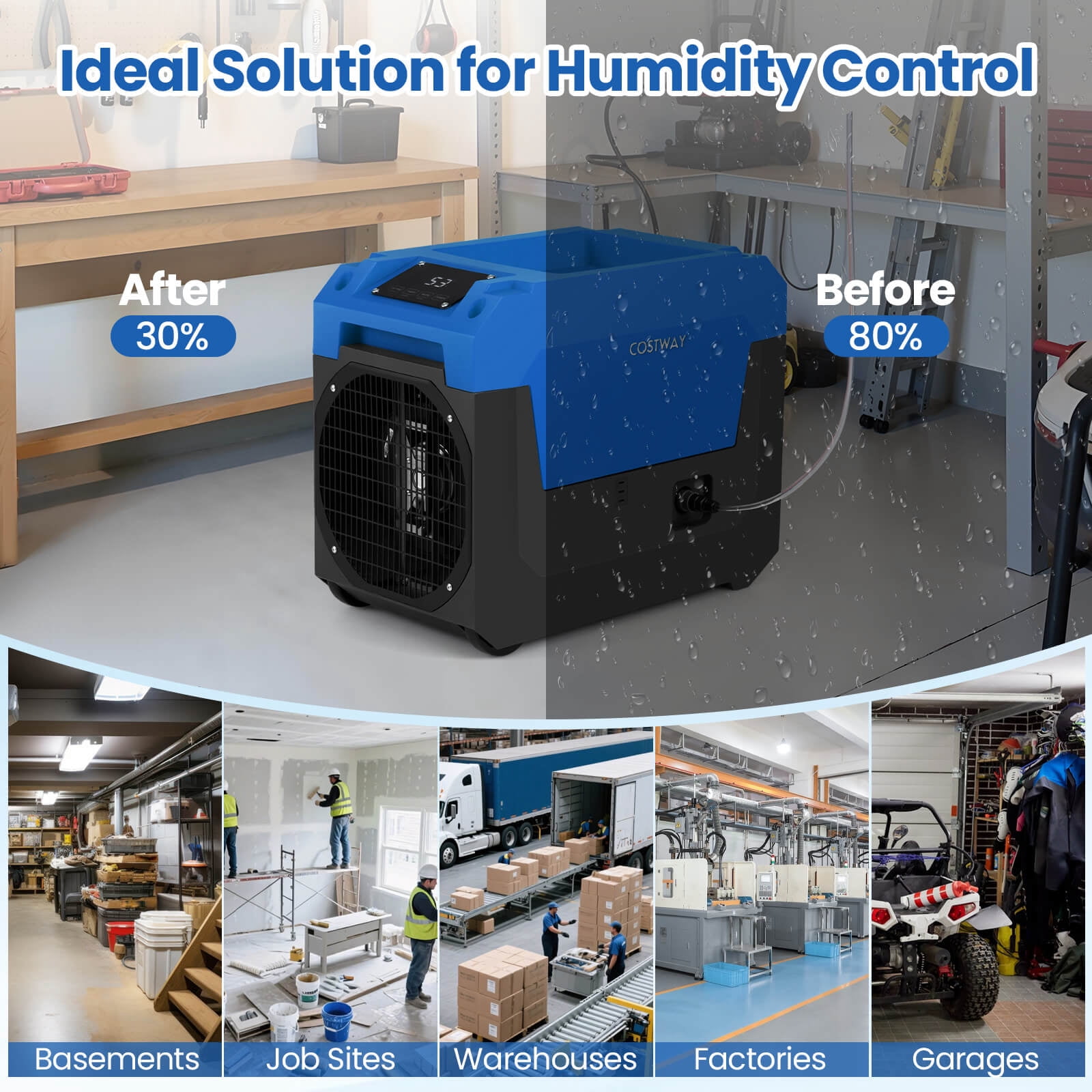 Costway 50-Pint(DOE) Commercial Dehumidifier with Pump, Drain Hose for Basements, Job Sites 4500 Sq. ft Coverage Area Blue