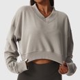thumbnail image 2 of Sudadera recortada para mujer, jersey, puños acanalados, cuello en V, hombros caídos, color puro, Top corto de manga larga para deportes, gris S, 2 of 6