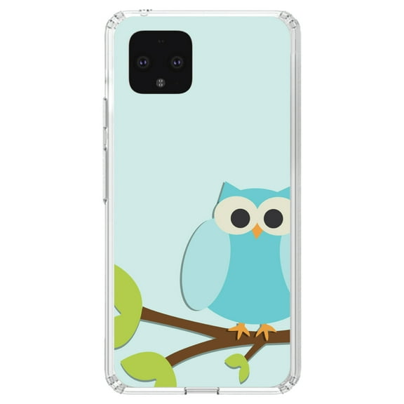 DistinctInk Clear Shockproof Hybrid Case for Google Pixel 4 (5.7" Screen) - TPU Bumper, Acrylic Back, Tempered Glass Screen Protector - Blue Owl Cartoon - Cartoon Owls