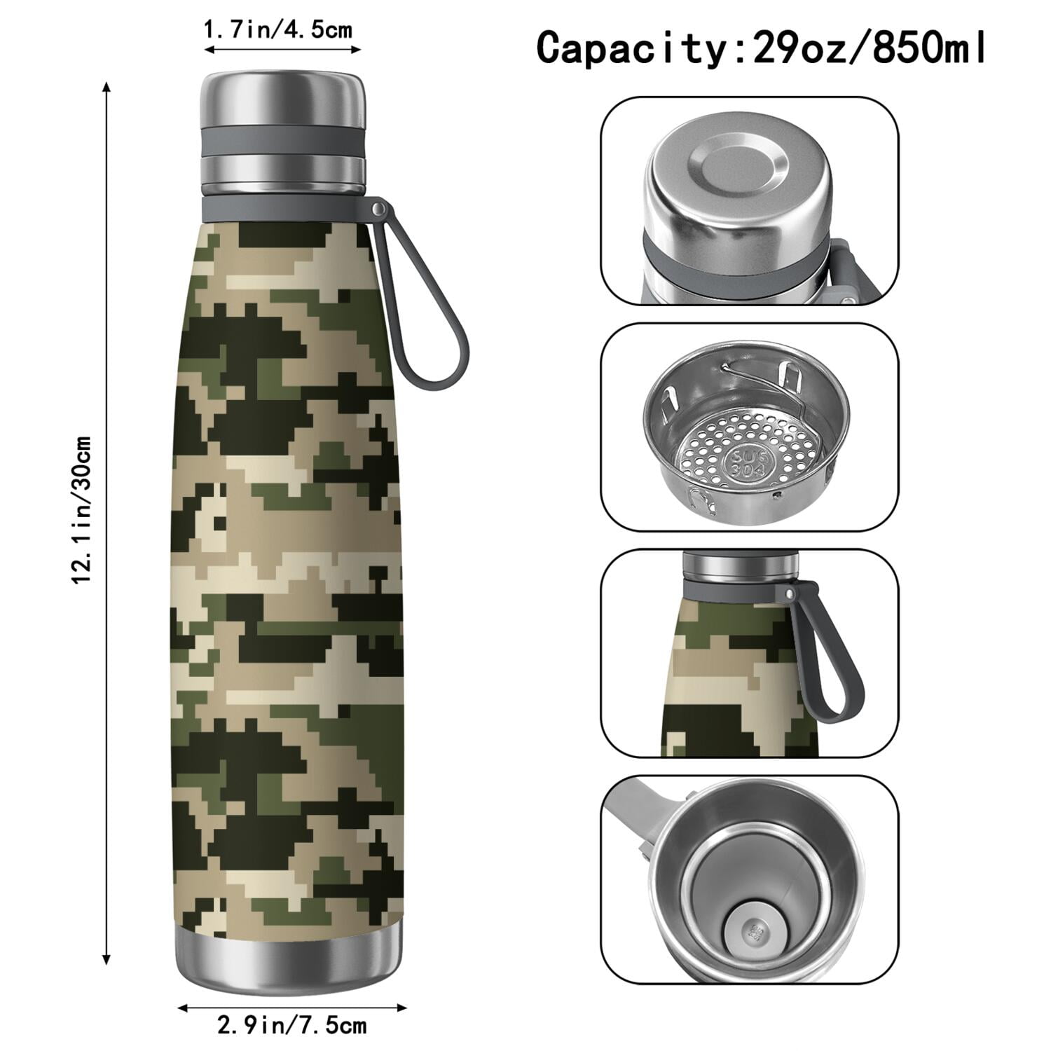 29oz Insulated Water Bottle with Tea Infuser, Stainless Steel Travel Mug, Camouflage Print