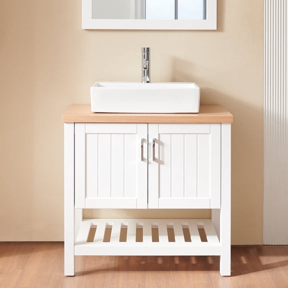 Villachico 32" Bathroom Vanity with Ceramics Sink,Single Bathroom Vanities Cabinet with Doors and Open Shelf,Solid Wood Small Vanity with Sink Set,for Bathroom,White Natural