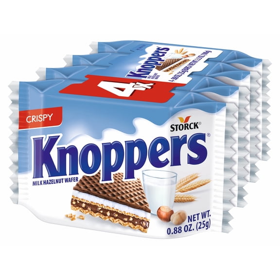 Knoppers Crispy Milk Hazelnut Wafer Candy, Individually Wrapped, 4 pack, 0.88 oz Each