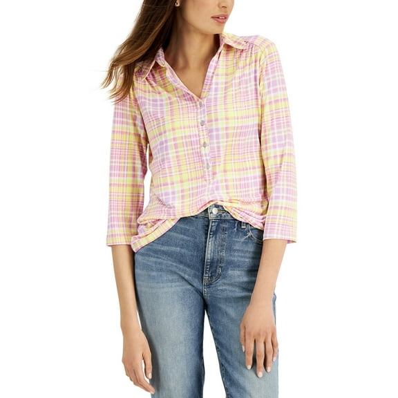 Charter Club Women's 3/4 Sleeve Ada Plaid-Print Polo Top Freesia Combo Size XS