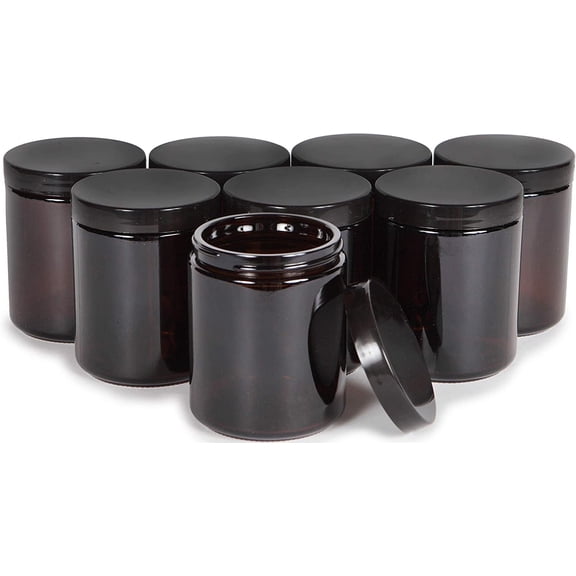 Vivaplex, Amber, 8 ounce, Round Glass Jars, with Black Lids - 8 pack