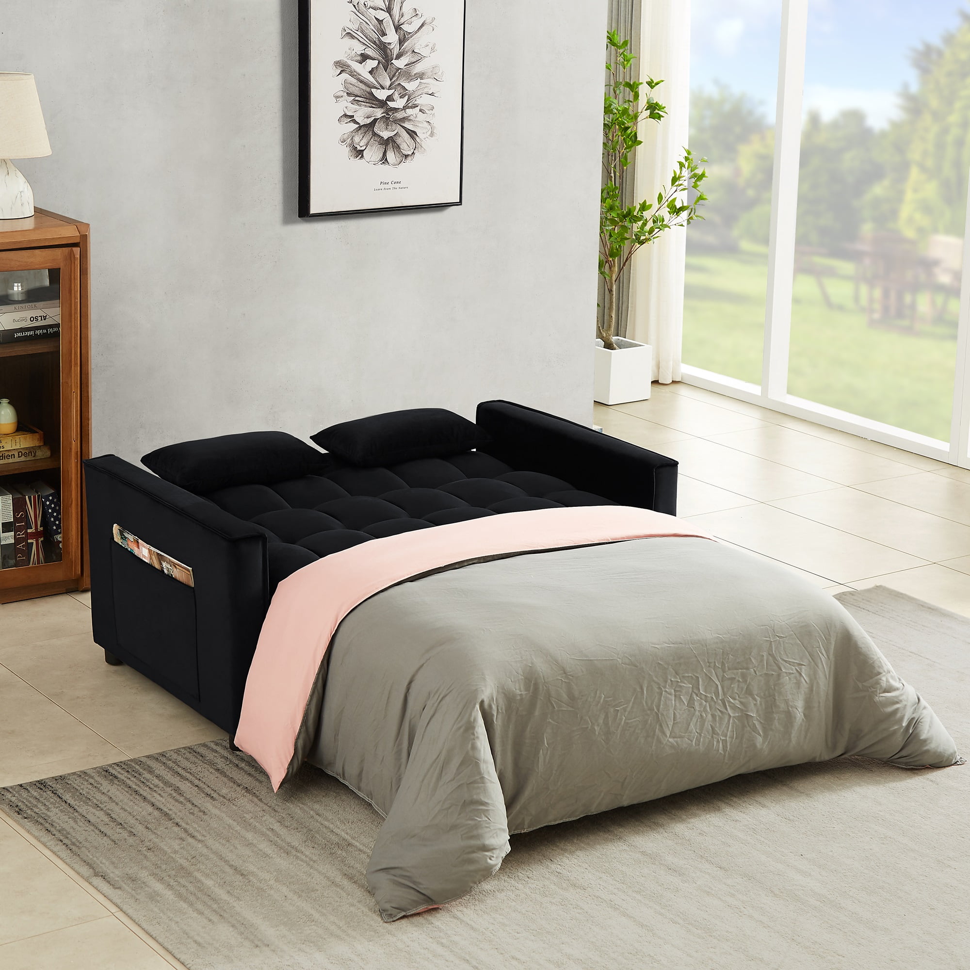 Dinosisco 3 in 1 Convertible Pull Out Sofa Bed, 55" Velvet Sleeper Loveseat, Black