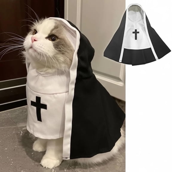 Nun Costume for Cat, Funny Halloween Nun Outfit Dress, Cosplay Apparel for Photoshoots, Parties, Adorable Pet Clothing with Attached Hood