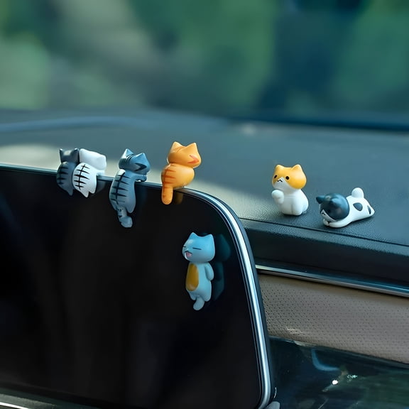 XIBUFE 6 Pcs Cute Cat Car Accessories Funny Resin Cat Figurines Dashboard Decorations & Rear View Mirror Cute Cat Figure Decorative Car Ornament Interior Decors for Car Home Garden Decor