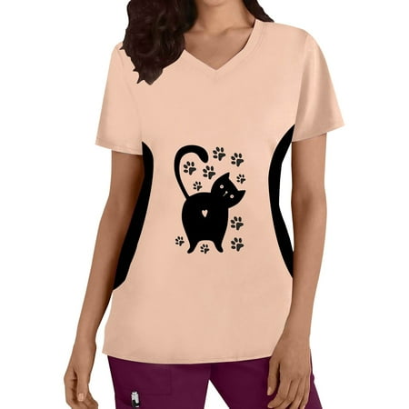 

Scrubs For Women Tops Stretchy Plus Size V Neck Short Sleeved Cats Prints Shirts Blouse With Pocket Nursing Uniforms For Women