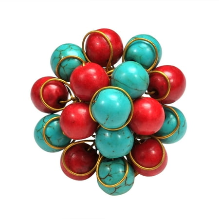 Red Coral Turquoise Ring - Unique Handmade Front Cluster Simulated Turquoise and Reconstructed Red Coral Organic Ring