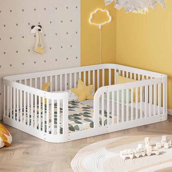 MIDOQIN Full Montessori Floor Bed, Solid Wood Floor Bed Frame with Guardrails and Rounded Corners for Kids, Girls and Boys, White