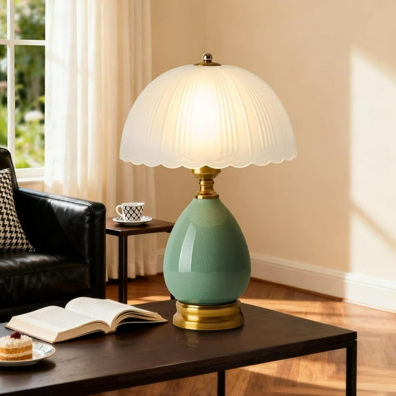 Green Ceramic Table Lamp, Modern Bedside Lamp, Mid Century Vintage Retro Glass Mushroom Desk Lamp for Nightstand, Living Room, Bedroom