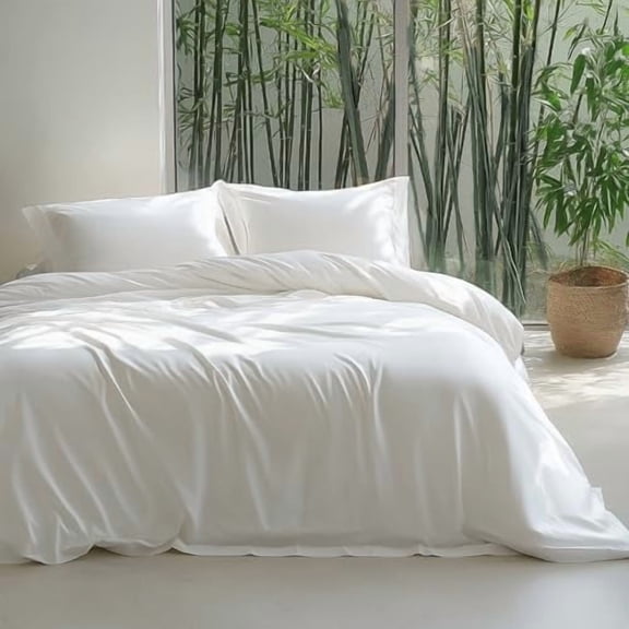 Silky Cooling Duvet Cover Queen Size - Lightweight 100% Rayon Derived from Bamboo Comforter Cover Set for Hot Sleepers, Breathable & Moisture-Wicking Bedding Set, Pure White