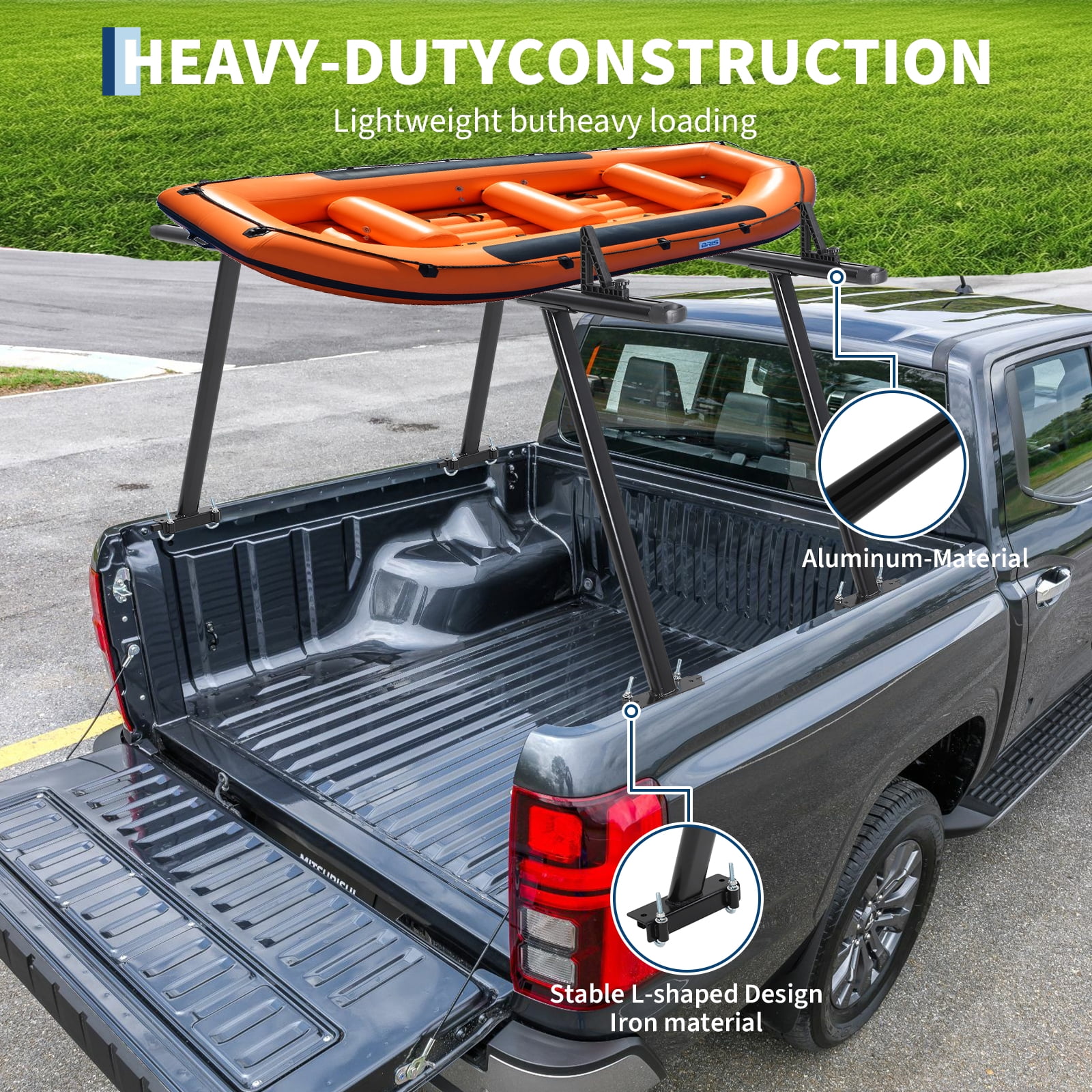 Heavy Duty Adjustable Aluminum Truck Ladder Rack for Pickup Bed – 1000 lbs Capacity, 35-71 Inch, Global No-Drill Fit, 8 J-Bolts, Iron Legs – Fits Kayaks, Ladders, Surfboards, Contractor – Black